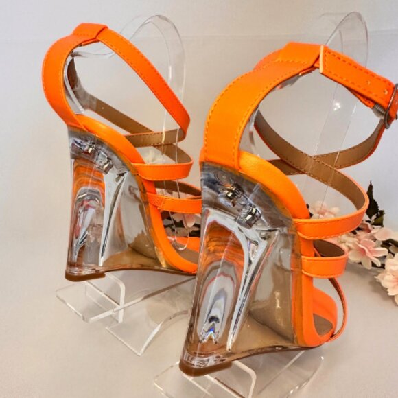 Vibrant Orange Clear Heeled Wedge Sandals, Size 9 - Picture 5 of 10